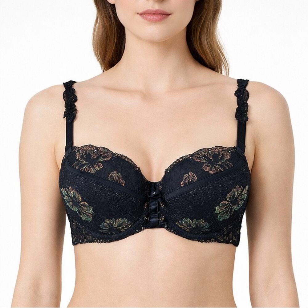 Pleasure State Couture Black Lace Bra Floral Underwire Lingerie US 34D EU 75D